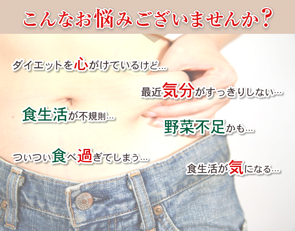 こんなお悩みございませんか？ ダイエットを心がけているけど… 最近気分がすっきりしない… 食生活が不規則… 野菜不足かも… ついつい食べ過ぎてしまう… 食生活が気になる…