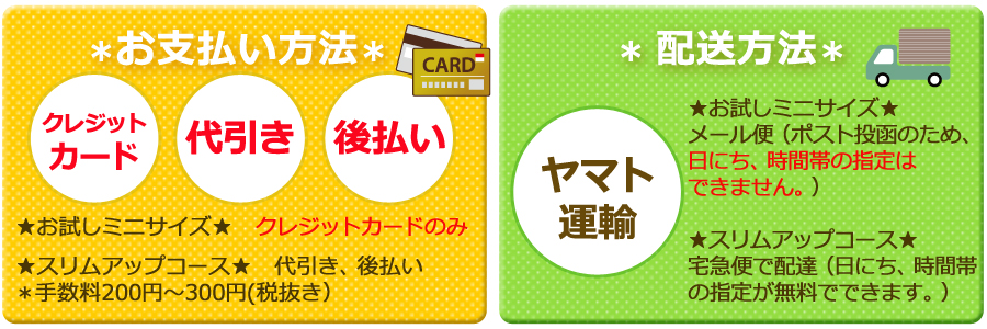 ＊お支払い方法＊クレジット カード代引き後払い＊お試しミニサイズはクレジットカードのみ となりますスリムアップコースは代引き、 後払いも選択可能です。 ＊手数料200円〜300円(税抜き）＊ 配送方法＊ヤマト 運輸★お試しミニサイズ★メール便（ポスト投函のため、日にち、時間帯の指定はできません。）★スリムアップコース★宅急便で配達（日にち、時間帯の指定が無料でできます。）